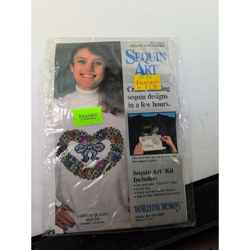 Vintage 90s‎ Sequin Art Crafts Applique Kit Hearts Flowers Distlefink Designs